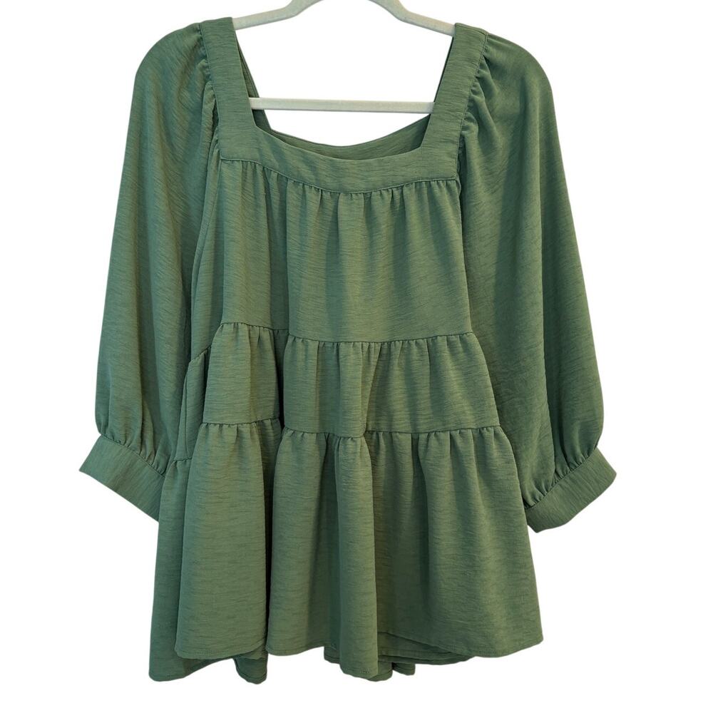 Entro Green Textured Tiered Babydoll Top Square Neck Balloon Sleeve Size Medium - Picture 1 of 4